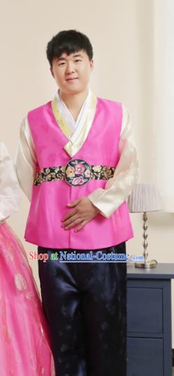 Korean Traditional Rosy Vest and Navy Pants Hanbok Asian Korea Bridegroom Fashion Costume for Men