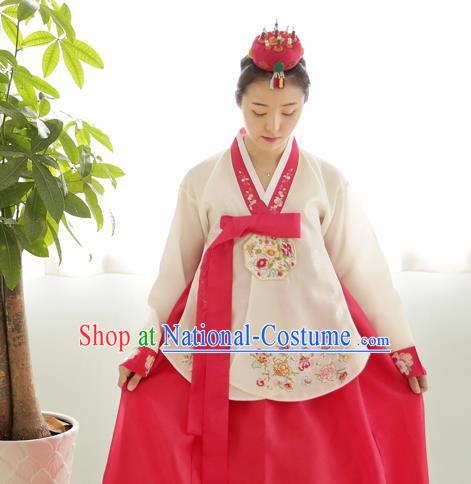 Korean Traditional Wedding Bride Hanbok White Blouse and Pink Dress Garment Asian Korea Fashion Costume for Women