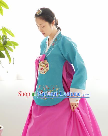 Korean Traditional Wedding Bride Hanbok Blue Blouse and Rosy Dress Garment Asian Korea Fashion Costume for Women