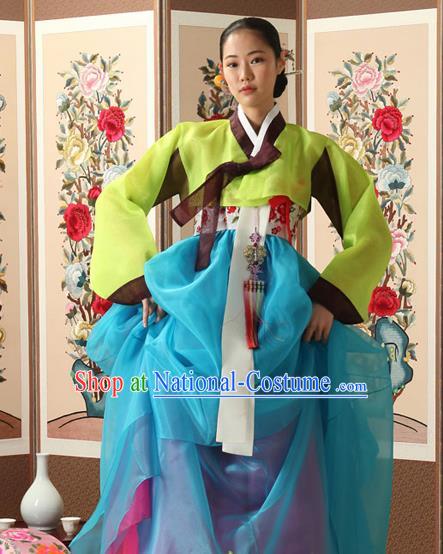 Korean Traditional Court Queen Hanbok Green Blouse and Blue Dress Garment Asian Korea Fashion Costume for Women