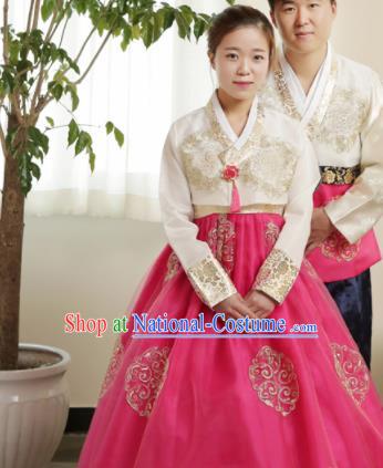 Korean Traditional Wedding Bride Hanbok White Blouse and Pink Dress Garment Asian Korea Fashion Costume for Women