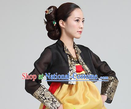 Korean Traditional Dance Hanbok Black Blouse and Yellow Dress Garment Asian Korea Fashion Costume for Women