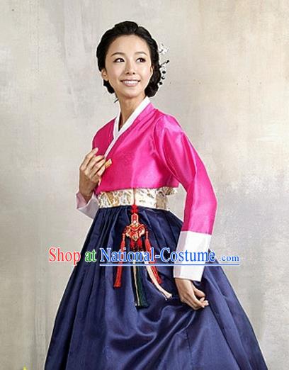 Korean Traditional Court Hanbok Rosy Satin Blouse and Navy Dress Garment Asian Korea Fashion Costume for Women