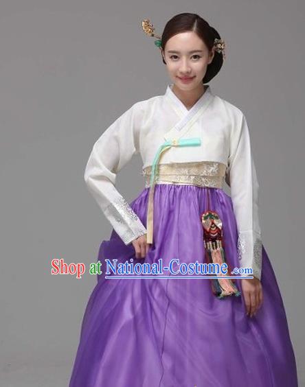 Korean Traditional Court Hanbok White Satin Blouse and Purple Dress Garment Asian Korea Fashion Costume for Women