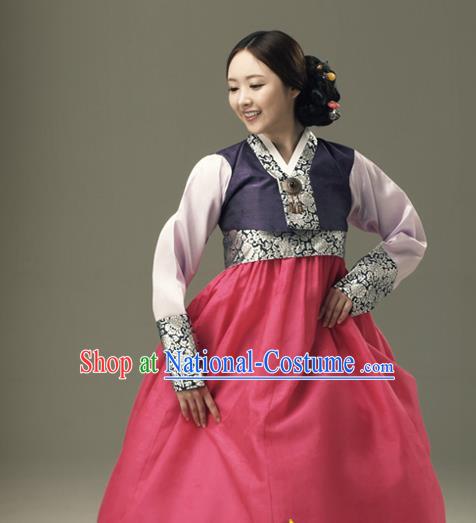 Korean Traditional Court Hanbok Purple Satin Blouse and Rosy Dress Garment Asian Korea Fashion Costume for Women