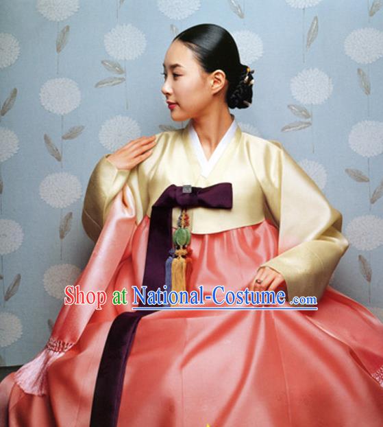 Korean Traditional Court Hanbok Yellow Satin Blouse and Orange Dress Garment Asian Korea Fashion Costume for Women