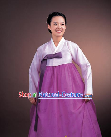 Korean Traditional Court Hanbok Lilac Satin Blouse and Purple Dress Garment Asian Korea Fashion Costume for Women