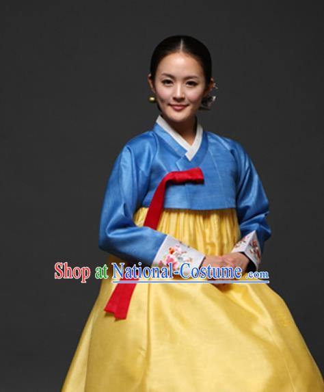 Korean Traditional Court Hanbok Blue Satin Blouse and Yellow Dress Garment Asian Korea Fashion Costume for Women