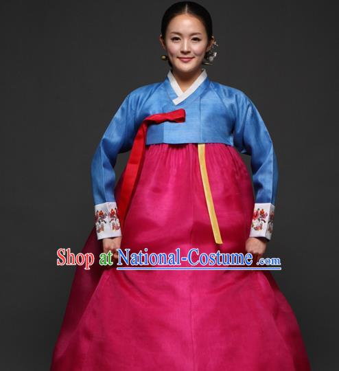 Korean Traditional Court Hanbok Blue Satin Blouse and Rosy Dress Garment Asian Korea Fashion Costume for Women