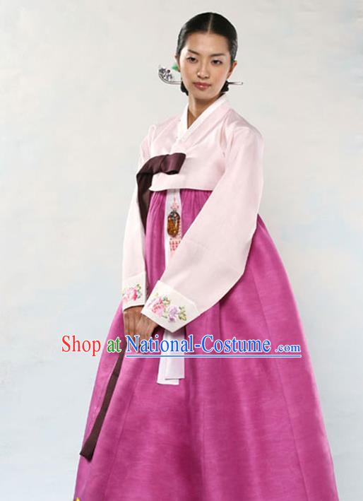 Korean Traditional Court Hanbok Pink Satin Blouse and Rosy Dress Garment Asian Korea Fashion Costume for Women