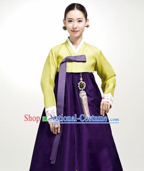 Korean Traditional Court Hanbok Green Satin Blouse and Purple Dress Garment Asian Korea Fashion Costume for Women