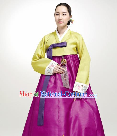 Korean Traditional Court Hanbok Yellow Satin Blouse and Purple Dress Garment Asian Korea Fashion Costume for Women