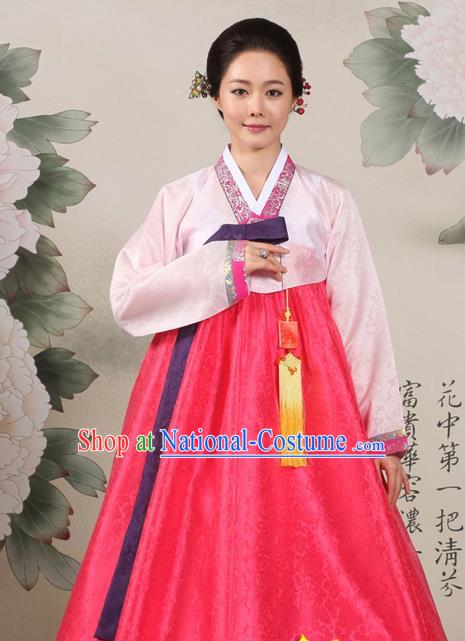 Korean Traditional Mother Hanbok Pink Blouse and Red Dress Garment Asian Korea Fashion Costume for Women