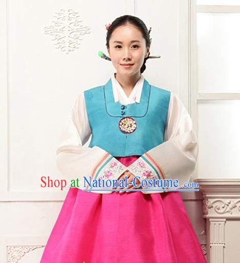 Korean Traditional Court Hanbok Blue Vest Blouse and Pink Dress Garment Asian Korea Fashion Costume for Women