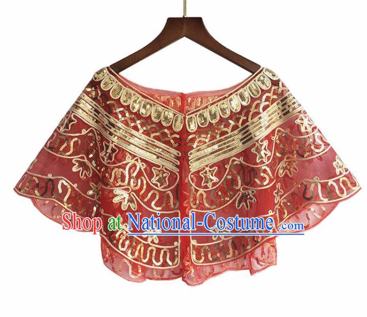 Top Professional Latin Dance Sequins Red Blouse Modern Dance Cloak Stage Performance Costume for Women