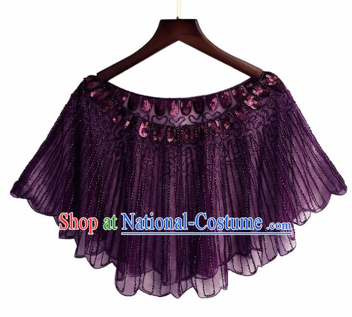 Top Professional Latin Dance Sequins Purple Blouse Modern Dance Cloak Stage Performance Costume for Women