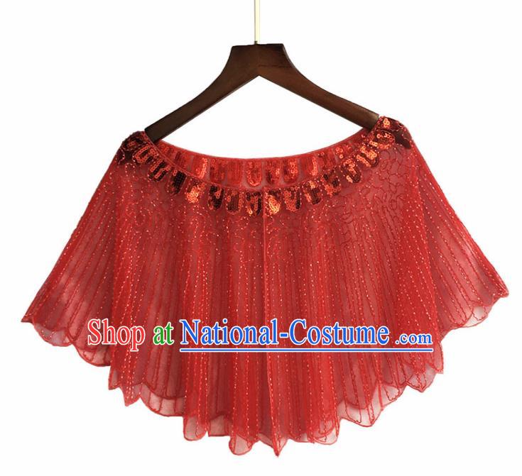 Top Professional Latin Dance Sequins Red Blouse Modern Dance Cloak Stage Performance Costume for Women