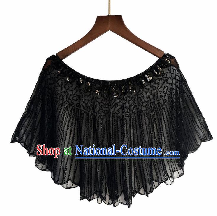 Top Professional Latin Dance Sequins Black Blouse Modern Dance Cloak Stage Performance Costume for Women