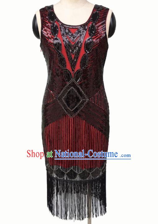 Top Professional Latin Dance Sequins Tassel Red Short Dress Modern Dance Stage Performance Costume for Women