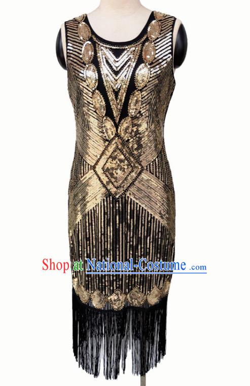 Top Professional Latin Dance Golden Sequins Tassel Short Dress Modern Dance Stage Performance Costume for Women