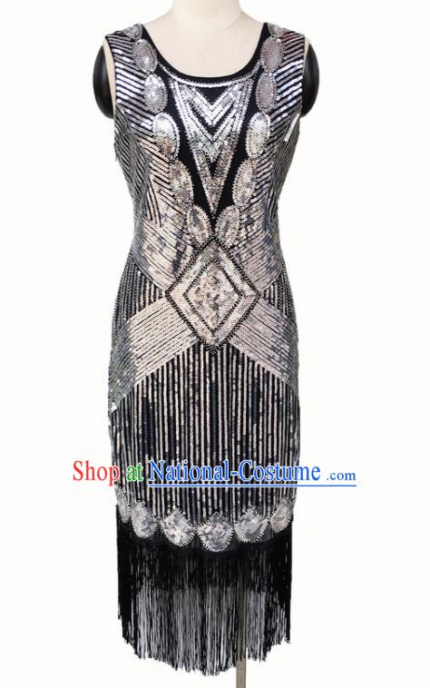 Top Professional Latin Dance Argent Sequins Tassel Short Dress Modern Dance Stage Performance Costume for Women