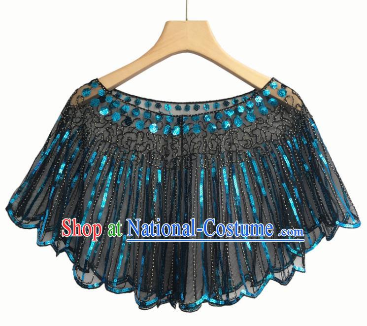 Top Professional Latin Dance Blue Sequins Cloak Modern Dance Blouse Stage Performance Costume for Women