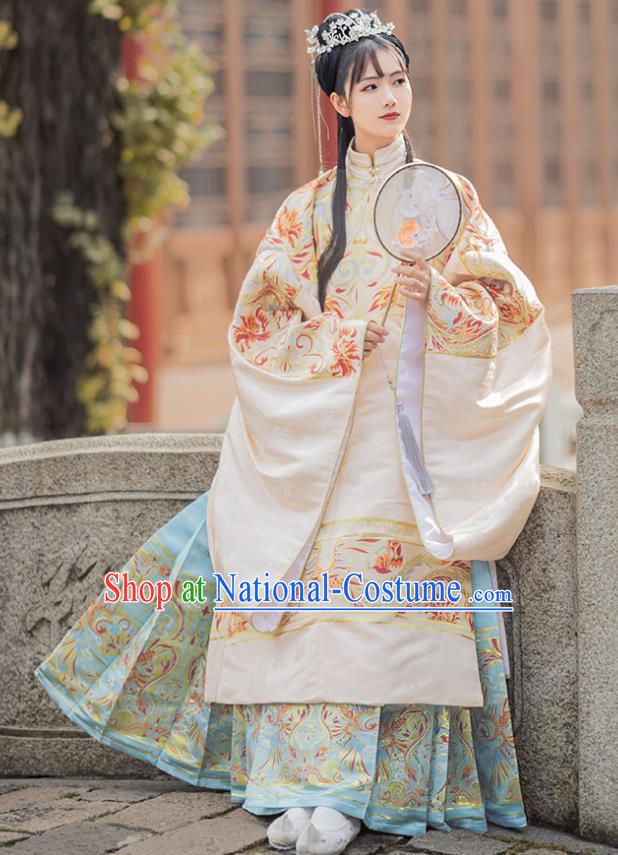 Chinese Traditional Apricot Brocade Blouse and Skirt Ancient Ming Dynasty Princess Costumes for Women