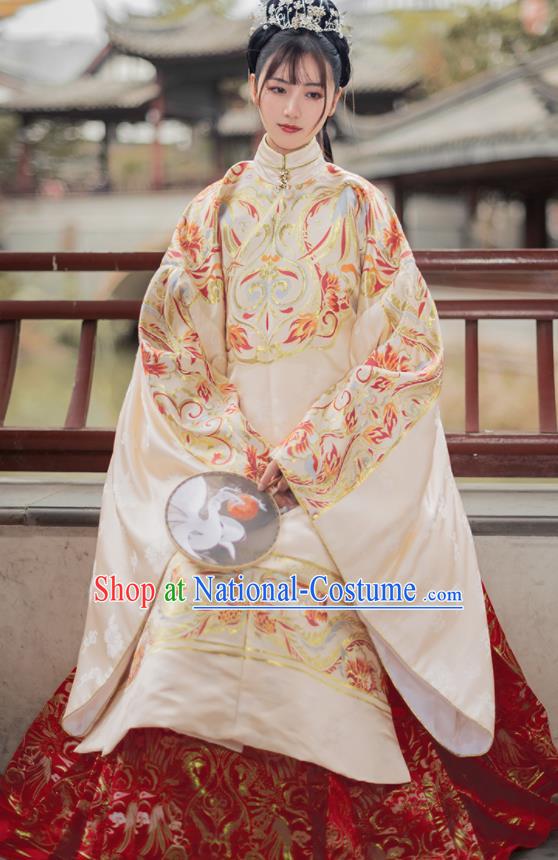 Chinese Traditional Hanfu Apricot Brocade Blouse and Red Skirt Ancient Ming Dynasty Princess Costumes for Women