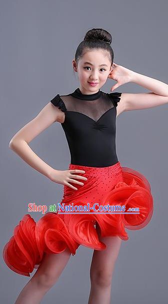 Top Professional Latin Dance Red Dress Modern Dance Stage Performance Costume for Kids