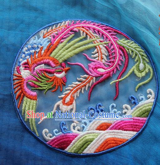 Chinese Traditional Embroidered Phoenix Blue Round Patch Embroidery Craft Embroidering Accessories