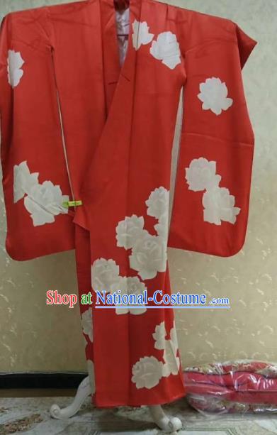 Traditional Japan Geisha Printing Camellia Red Furisode Kimono Asian Japanese Fashion Apparel Costume for Women