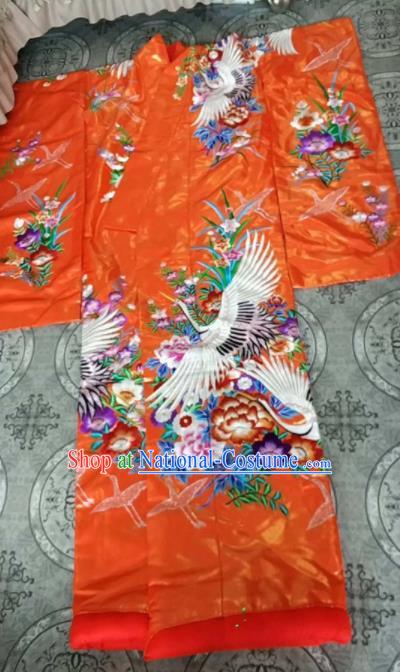 Traditional Japan Geisha Printing Crane Peony Orange Furisode Kimono Asian Japanese Fashion Apparel Costume for Women