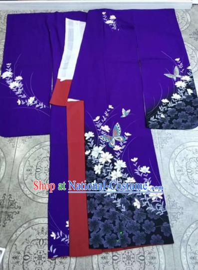 Traditional Asian Japan Geisha Clothing Japanese Fashion Apparel Printing Butterfly Purple Furisode Kimono Costume for Women