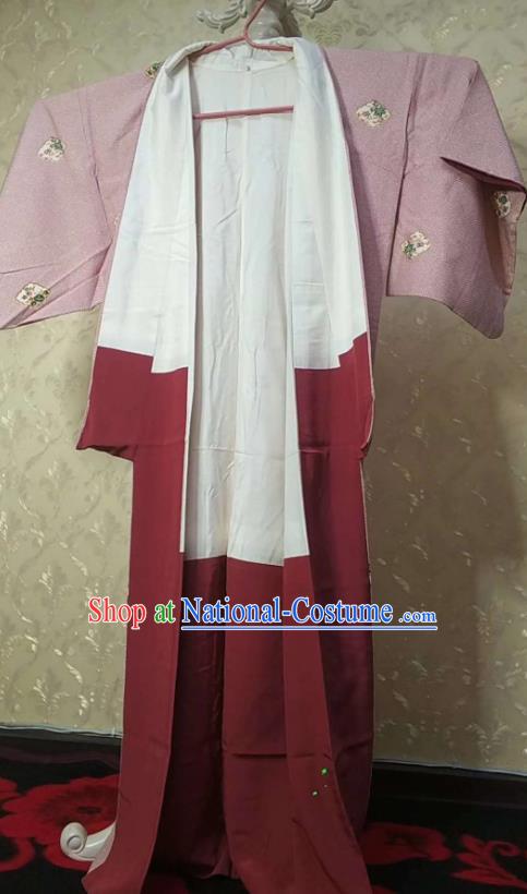 Traditional Japan Geisha Printing Light Pink Furisode Kimono Asian Japanese Fashion Apparel Costume for Women