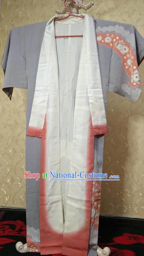 Traditional Japan Geisha Printing Sakura Grey Furisode Kimono Asian Japanese Fashion Apparel Costume for Women