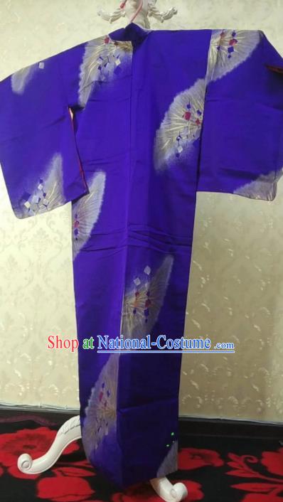 Traditional Japan Geisha Printing Purple Furisode Kimono Asian Japanese Fashion Apparel Costume for Women