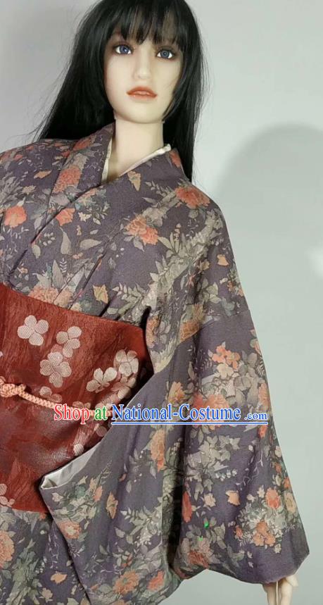 Traditional Japan Geisha Printing Maple Leaf Peony Grey Furisode Kimono Asian Japanese Fashion Apparel Costume for Women