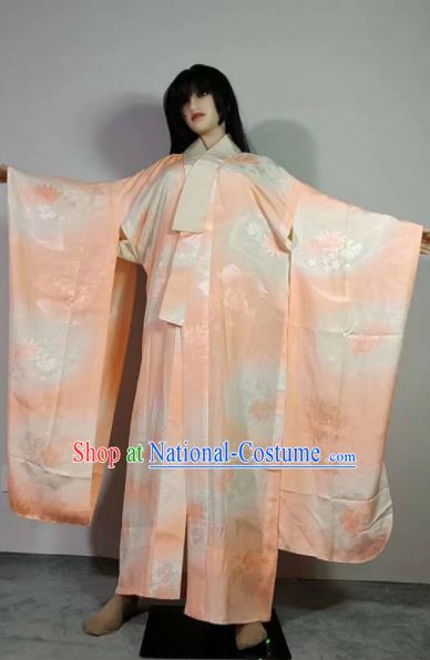 Traditional Japan Geisha Printing Peony Orange Brocade Furisode Kimono Asian Japanese Fashion Apparel Costume for Women