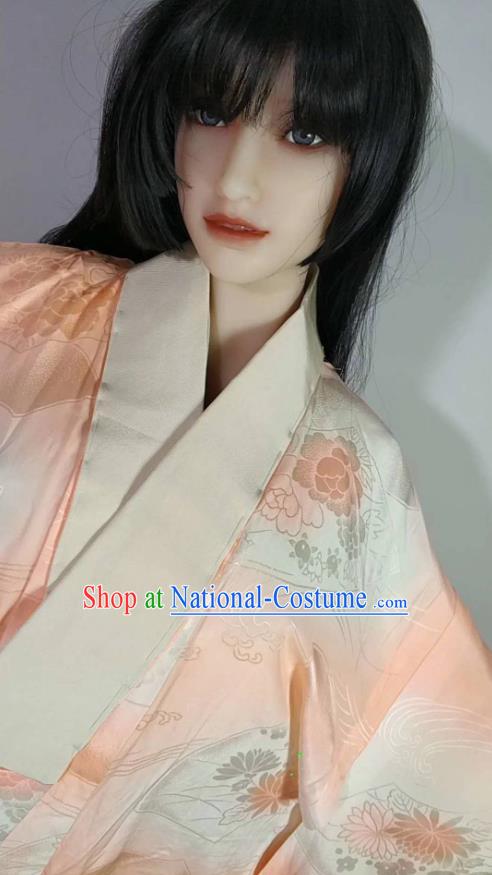 Traditional Japan Geisha Printing Peony Orange Brocade Furisode Kimono Asian Japanese Fashion Apparel Costume for Women