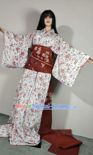 Traditional Japan Geisha Printing Wisteria White Furisode Kimono Asian Japanese Fashion Apparel Costume for Women