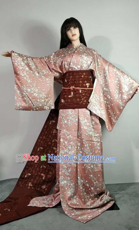 Traditional Japan Geisha Printing Chrysanthemum Pink Brocade Furisode Kimono Asian Japanese Fashion Apparel Costume for Women