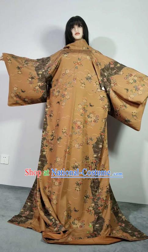 Traditional Japan Geisha Printing Chrysanthemum Ginger Furisode Kimono Asian Japanese Fashion Apparel Costume for Women