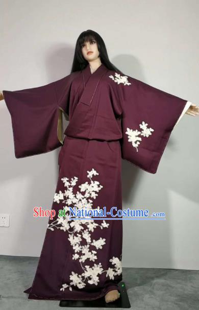 Traditional Japan Geisha Printing Deep Purple Furisode Kimono Asian Japanese Fashion Apparel Costume for Women