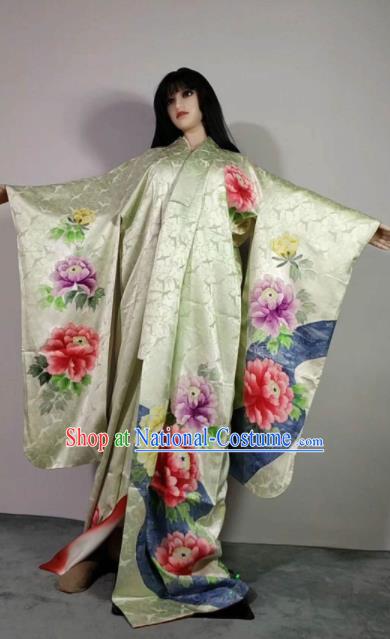 Traditional Japan Geisha Printing Peony Green Brocade Furisode Kimono Asian Japanese Fashion Apparel Costume for Women