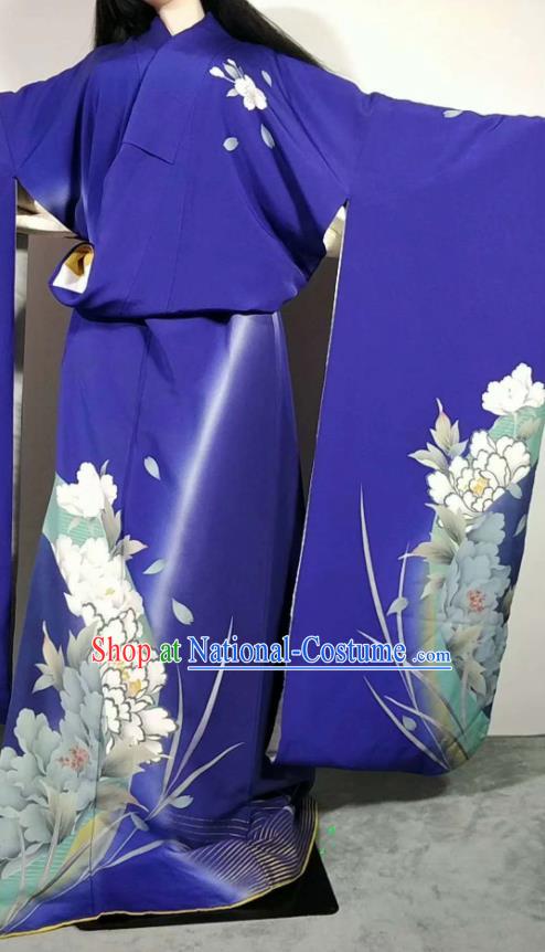 Traditional Japan Geisha Printing Peony Royalblue Brocade Furisode Kimono Asian Japanese Fashion Apparel Costume for Women