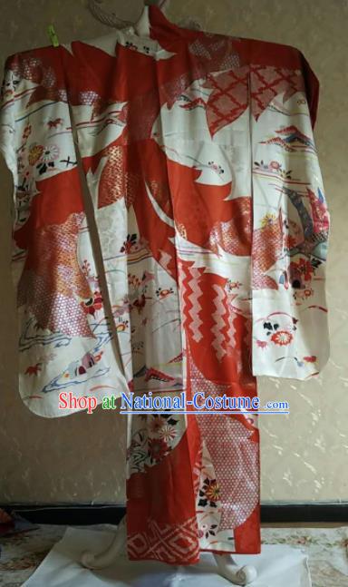 Traditional Japan Geisha Printing Red Silk Furisode Kimono Asian Japanese Fashion Apparel Costume for Women