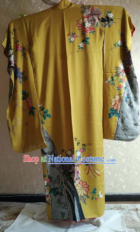 Traditional Japan Geisha Printing Phoenix Yellow Silk Furisode Kimono Asian Japanese Fashion Apparel Costume for Women