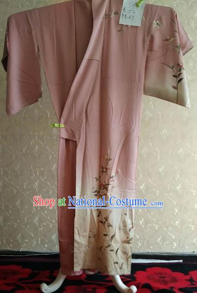 Traditional Japan Geisha Printing Pink Silk Furisode Kimono Asian Japanese Fashion Apparel Costume for Women