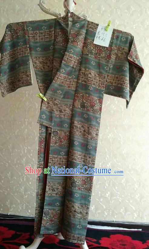 Traditional Japan Geisha Printing Chrysanthemum Navy Silk Furisode Kimono Asian Japanese Fashion Apparel Costume for Women