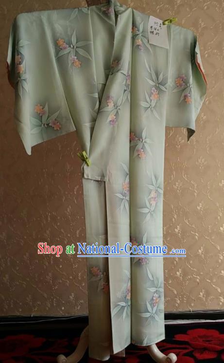 Traditional Japan Geisha Printing Light Green Silk Furisode Kimono Asian Japanese Fashion Apparel Costume for Women